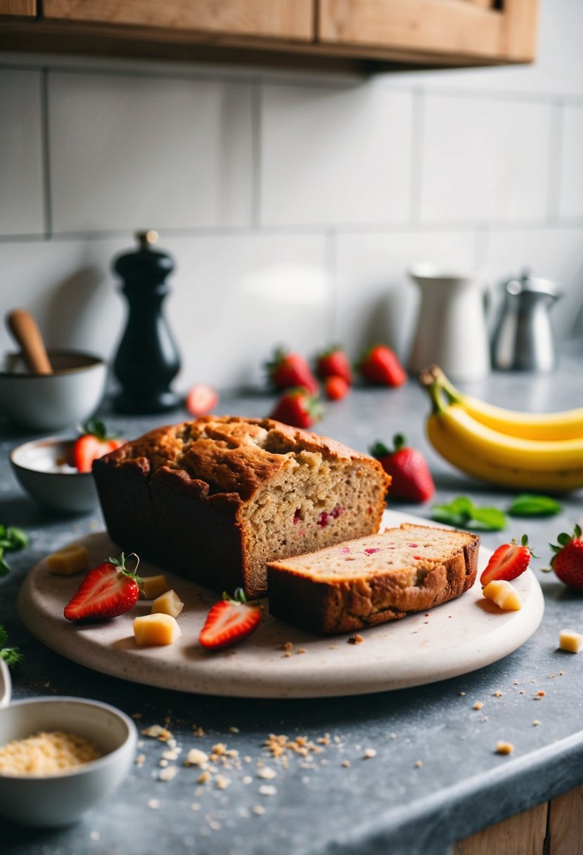 A rustic kitchen counter with a freshly baked loaf of strawberry rhubarb banana bread, surrounded by scattered ingredients