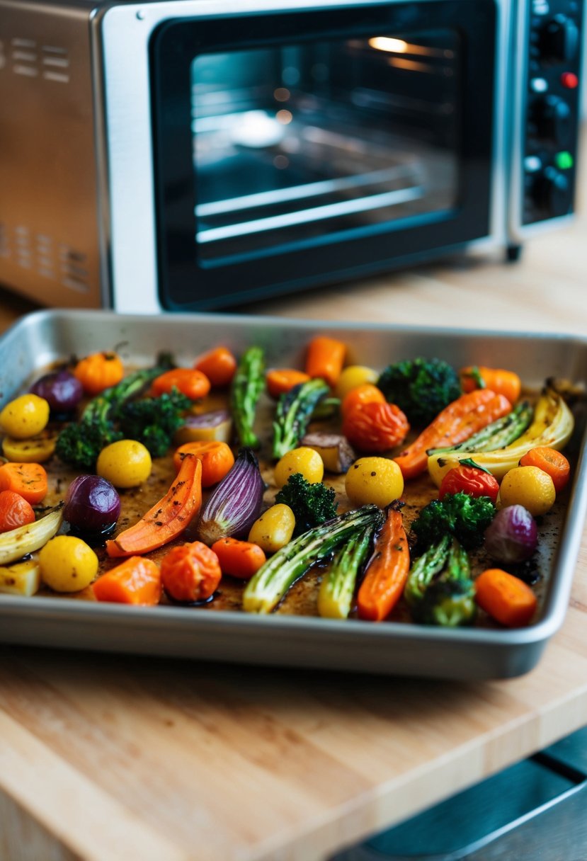 A variety of colorful roasted vegetables sizzling on a baking sheet in a mini oven