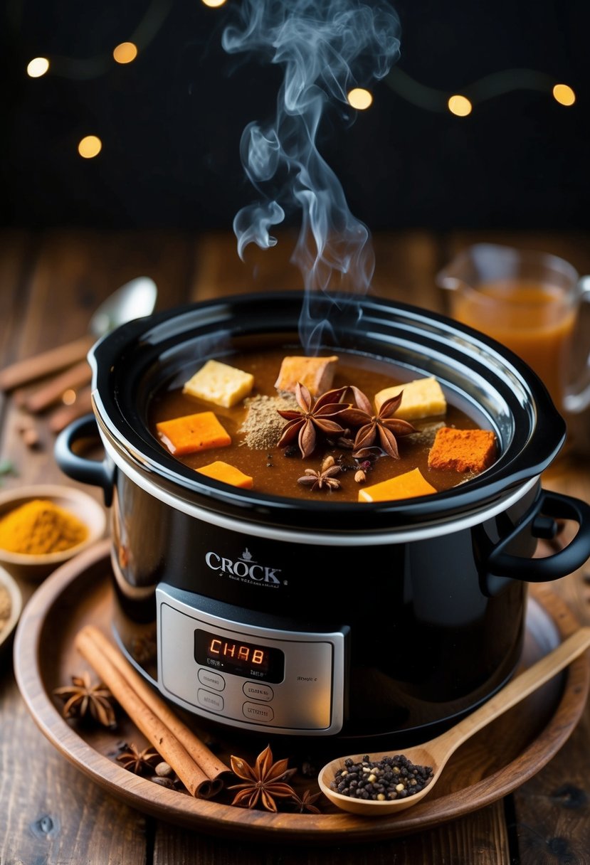 A crock pot surrounded by warming spices and chai tea ingredients, emitting a comforting aroma