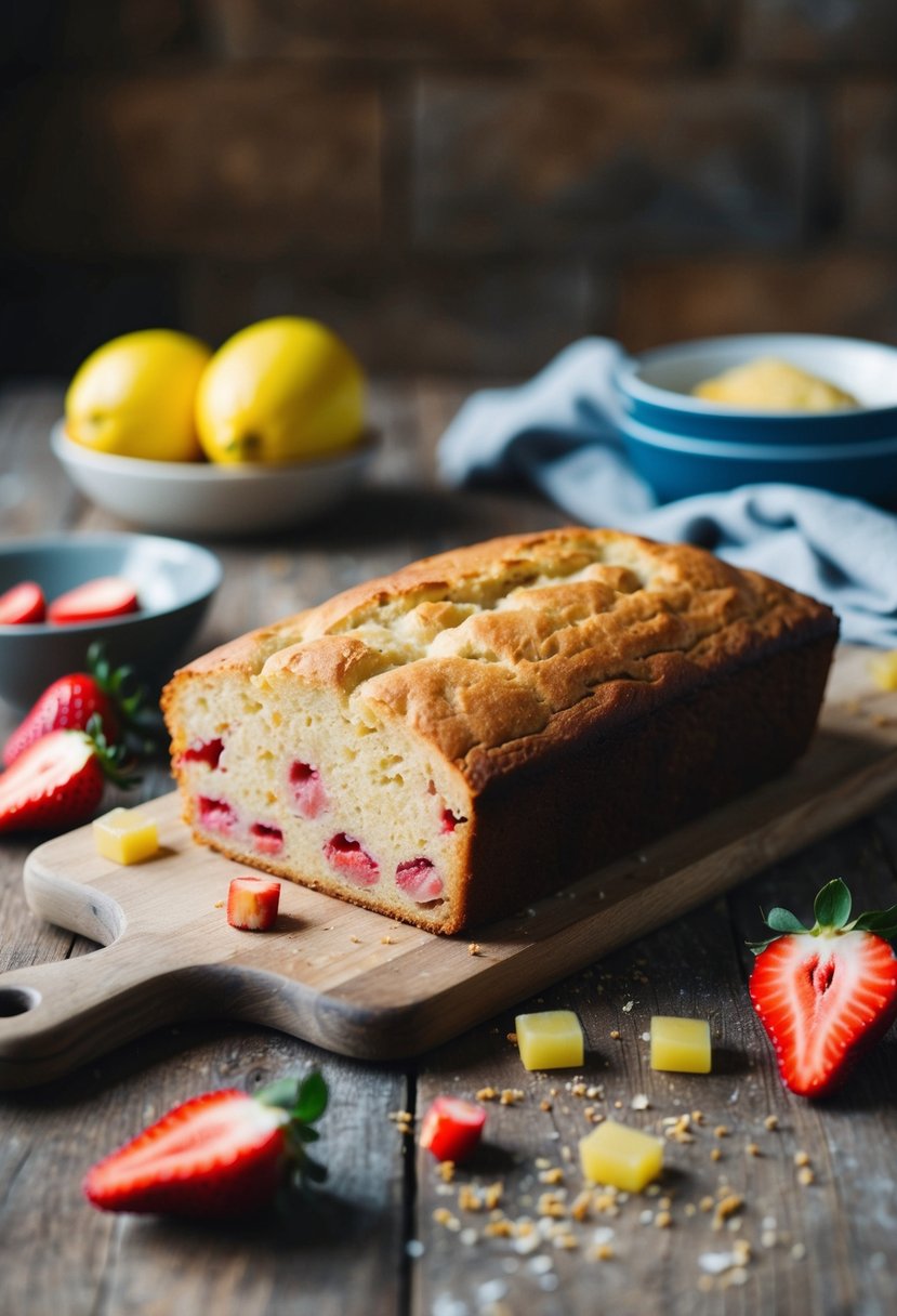 A rustic kitchen with a wooden table holding a freshly baked loaf of strawberry rhubarb lemon bread, surrounded by scattered ingredients