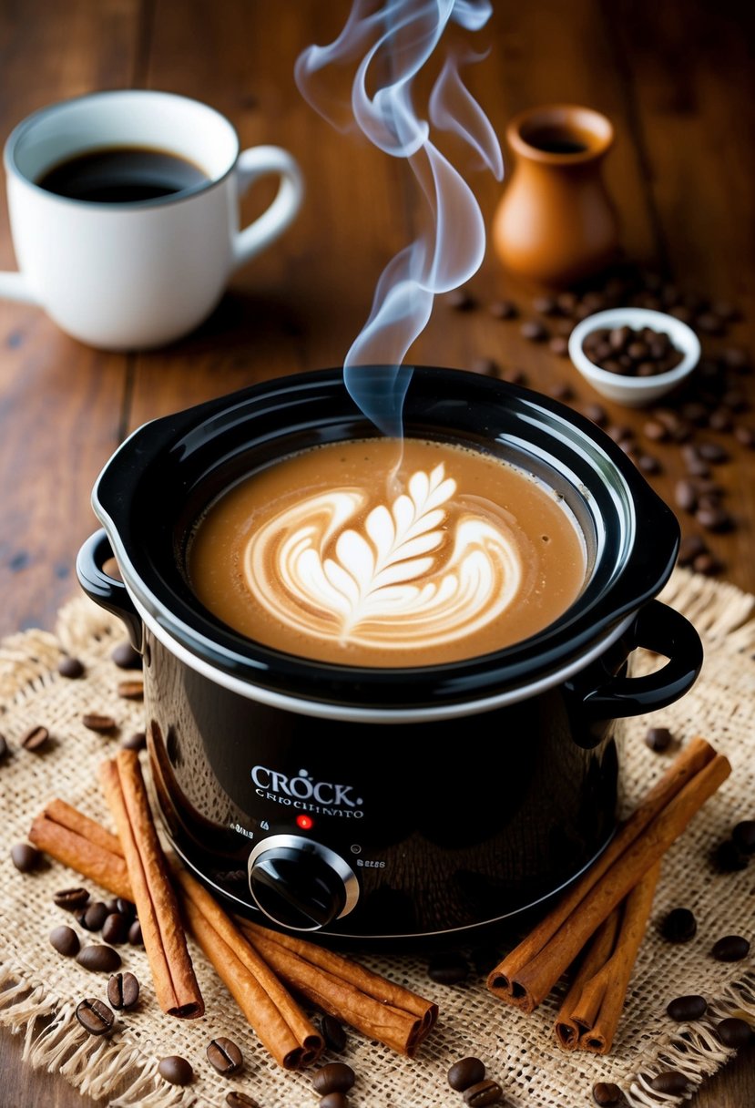 A crock pot filled with steaming caramel macchiato drink, surrounded by coffee beans and cinnamon sticks