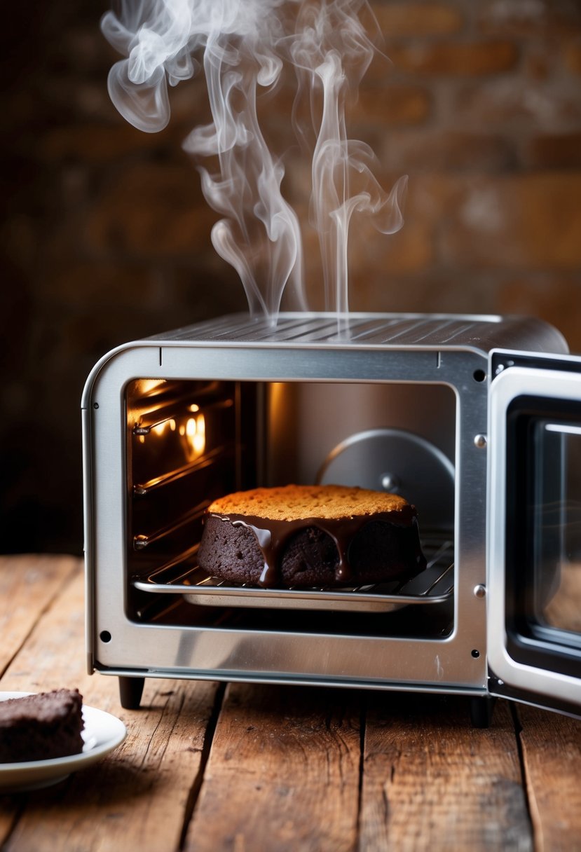 A mini oven with chocolate lava cakes baking inside, steam rising, golden crust forming, and rich, molten centers oozing out when cut open