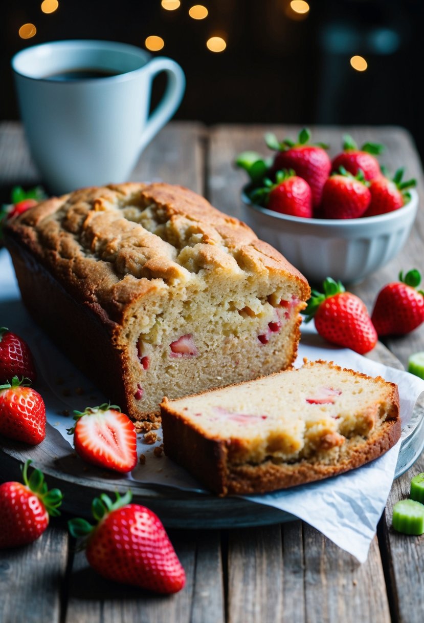 A loaf of strawberry rhubarb coffee cake sits on a rustic wooden table, surrounded by fresh strawberries and rhubarb