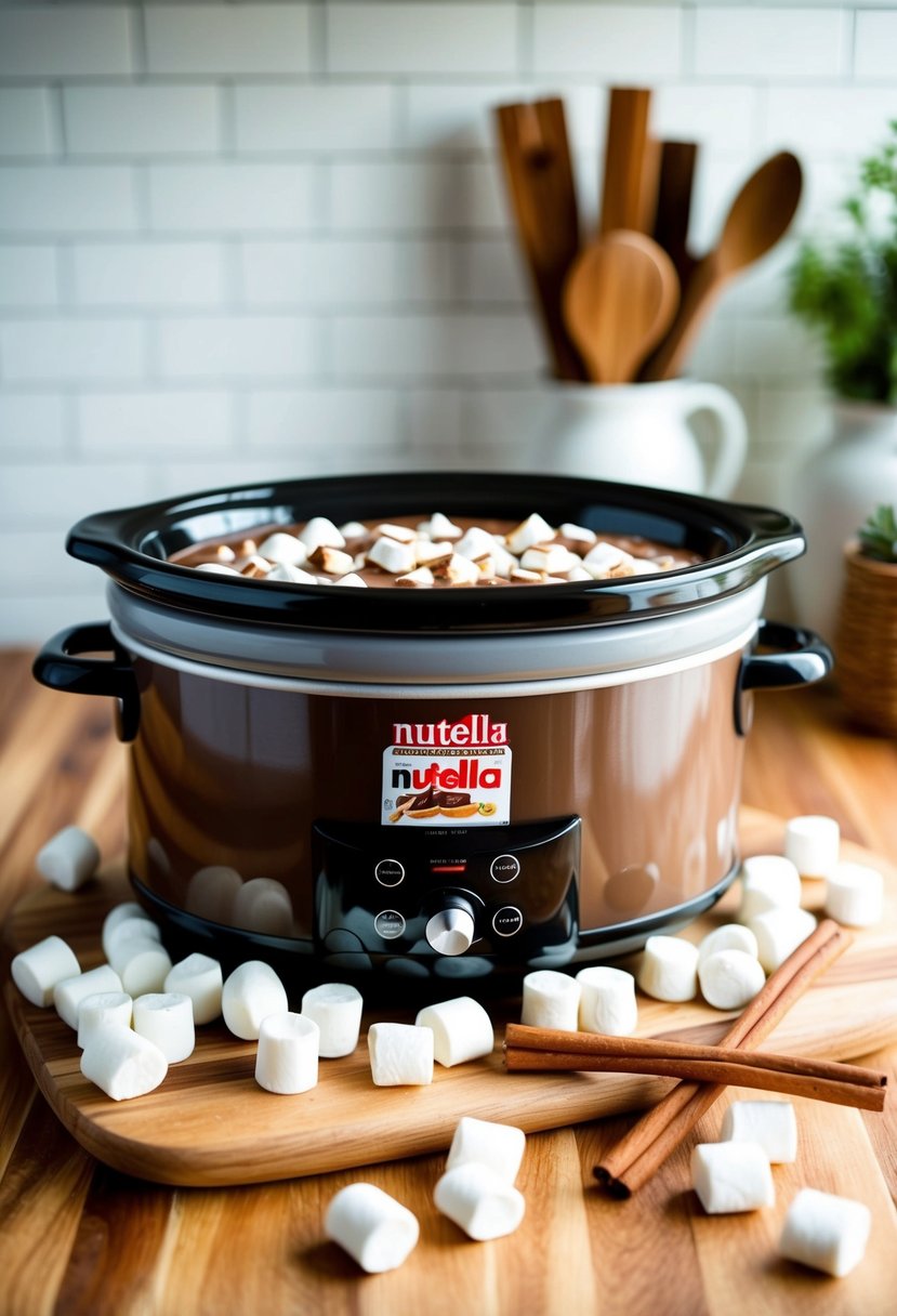 A crock pot filled with Nutella Hot Chocolate, surrounded by marshmallows and cinnamon sticks on a cozy kitchen counter