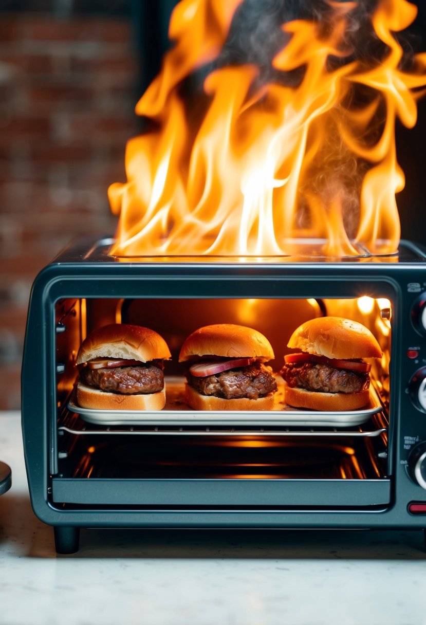 A sizzling hot mini oven with three juicy beef sliders on a small baking tray. A waft of savory aroma fills the air