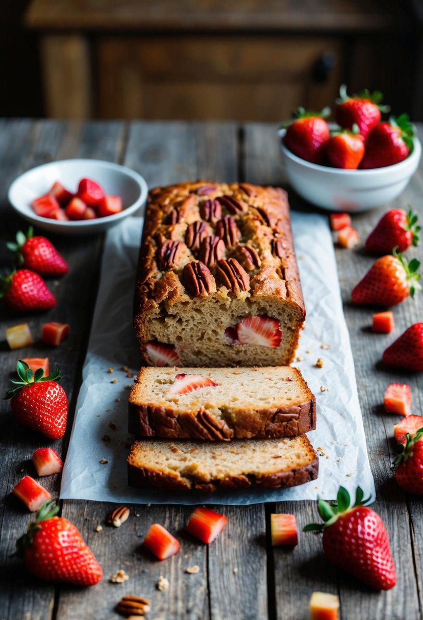 A rustic kitchen table with a freshly baked loaf of pecan strawberry rhubarb bread, surrounded by scattered strawberries and rhubarb