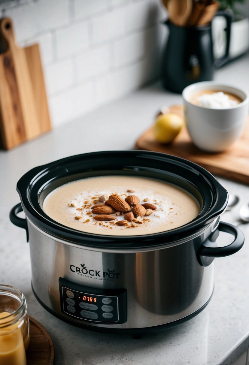 A crock pot filled with vanilla almond milk latte ingredients simmering on a kitchen counter