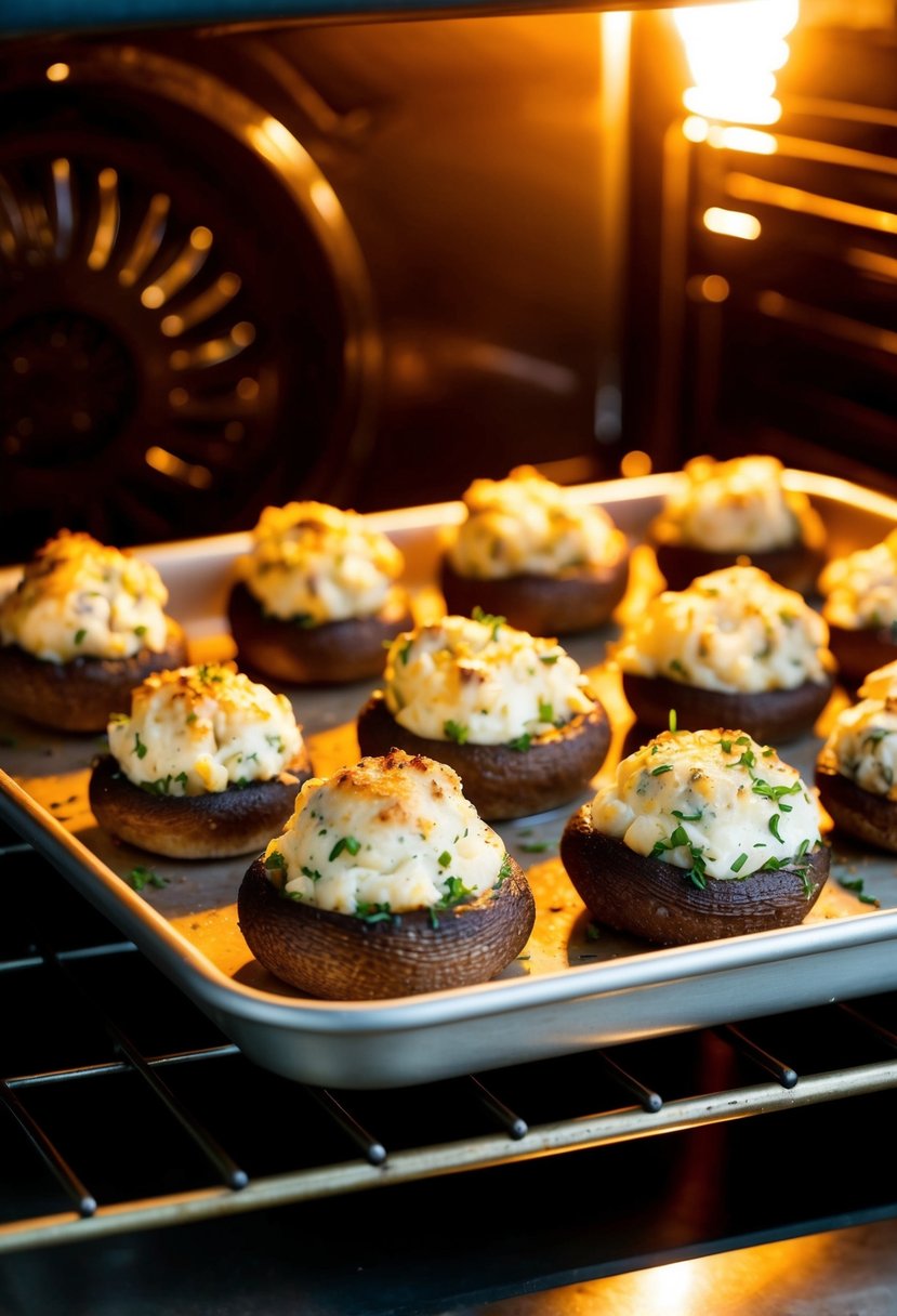 A tray of stuffed mushrooms sits in a glowing oven, bubbling with cream cheese and herbs