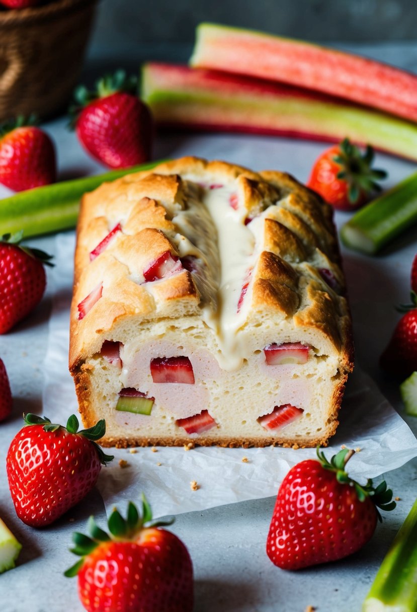 A loaf of strawberry rhubarb cream cheese bread surrounded by fresh strawberries and rhubarb