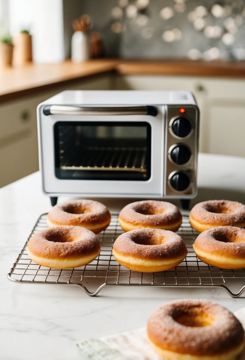 A mini oven with freshly baked cinnamon sugar donuts cooling on a wire rack