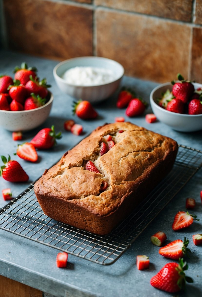 A rustic kitchen counter with a freshly baked spiced strawberry rhubarb bread cooling on a wire rack, surrounded by scattered ingredients like strawberries and rhubarb