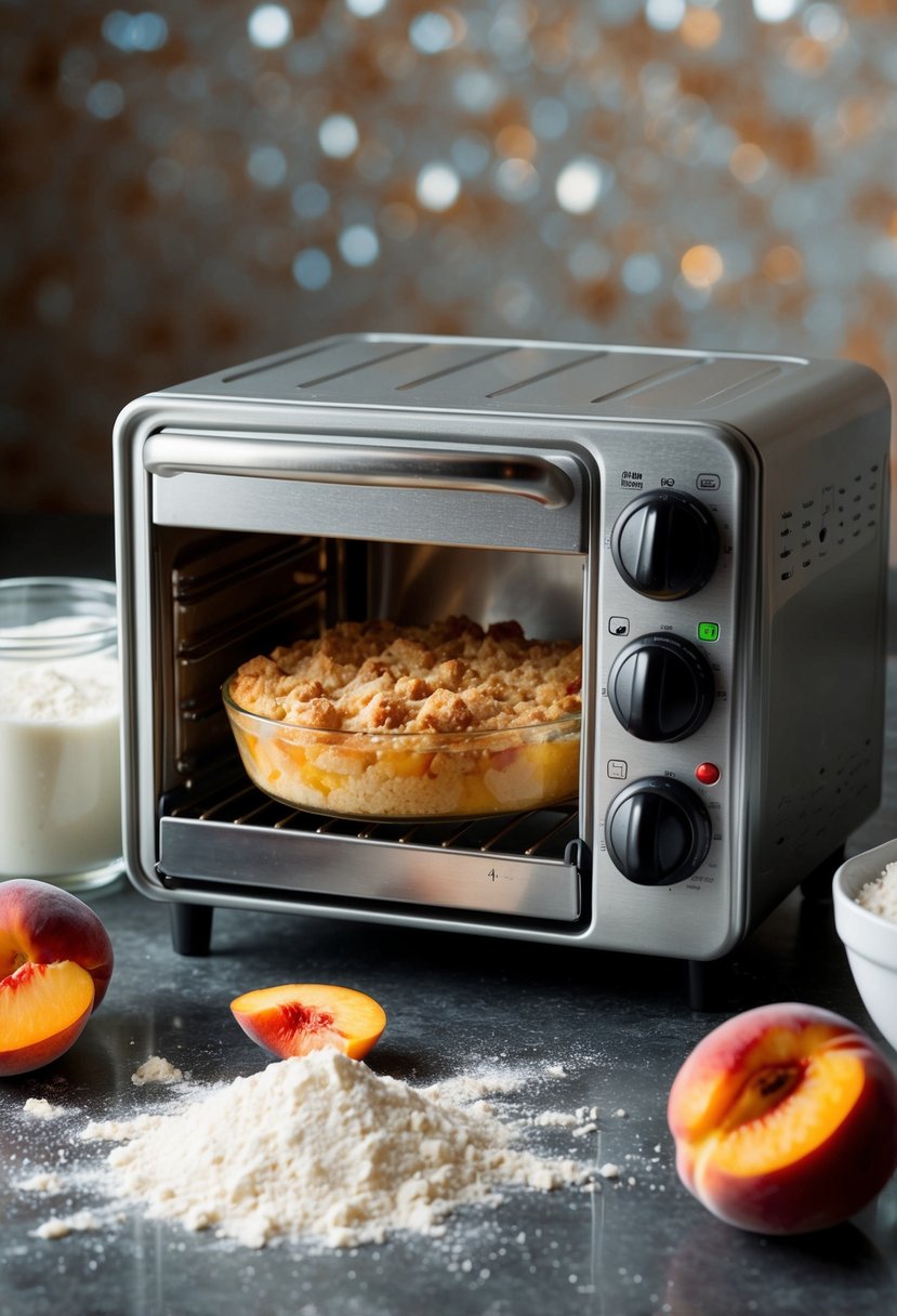 A mini oven with a bubbling peach cobbler crumble inside, surrounded by scattered ingredients like flour, sugar, and fresh peaches