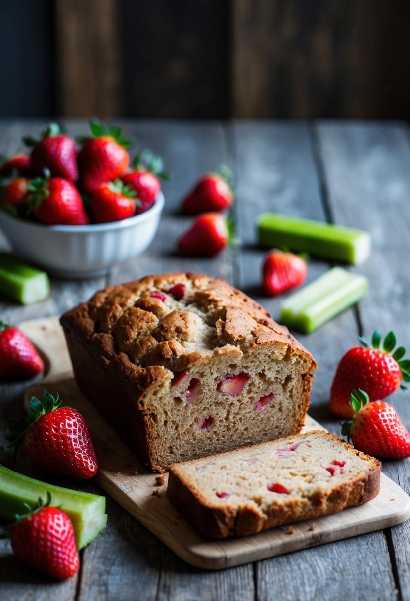 A rustic kitchen table with a loaf of whole wheat strawberry rhubarb bread, surrounded by fresh strawberries and rhubarb