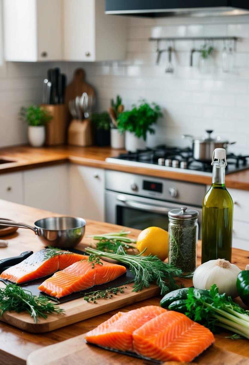 A kitchen counter with ingredients and utensils for making salmon recipes, including fresh salmon fillets, herbs, vegetables, and cooking utensils