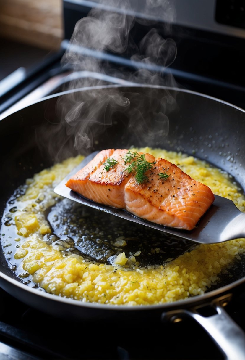 A sizzling salmon fillet in a hot pan, surrounded by bubbling garlic-lemon butter. A spatula flips the fish as steam rises