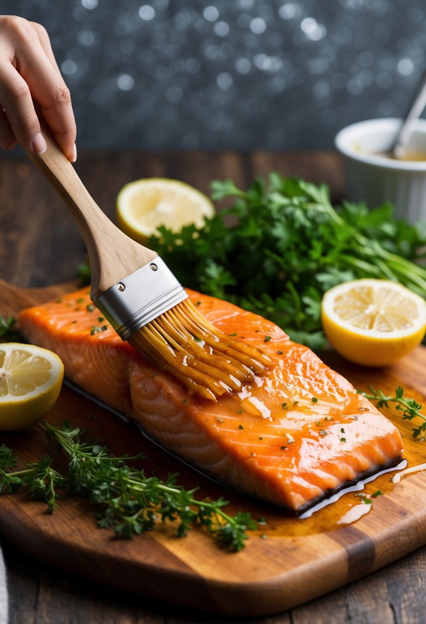 A fillet of salmon being brushed with a shiny honey garlic glaze, surrounded by fresh herbs and lemon slices on a wooden cutting board