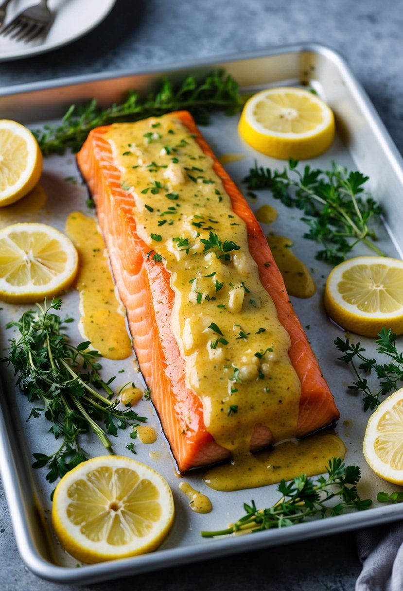 A salmon fillet covered in a Dijon and garlic glaze, surrounded by fresh herbs and lemon slices on a baking sheet