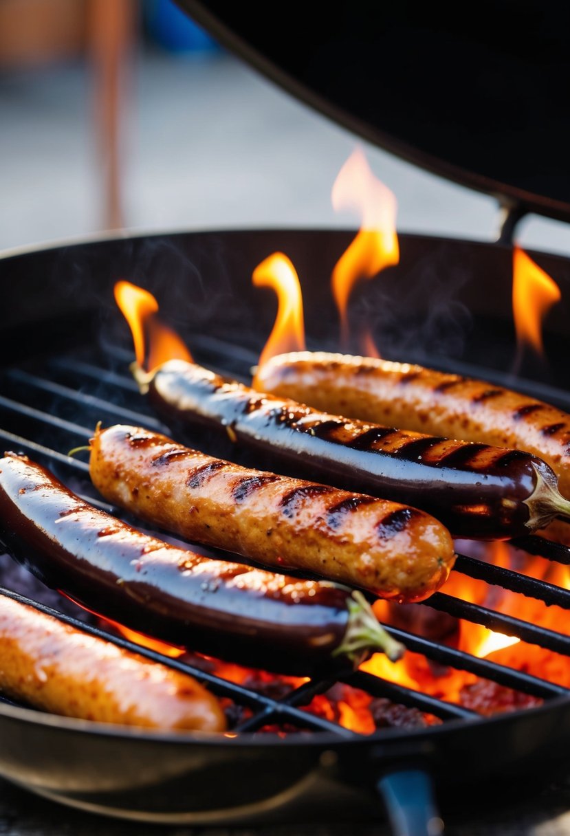 Sizzling Italian sausages and eggplants on a hot grill