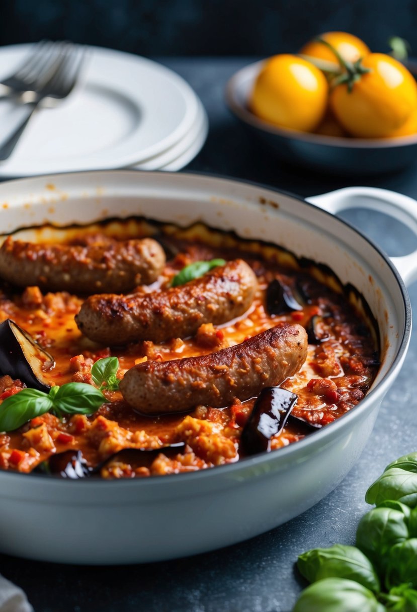 Sizzling Italian sausage and eggplant cooking in a bubbling casserole dish