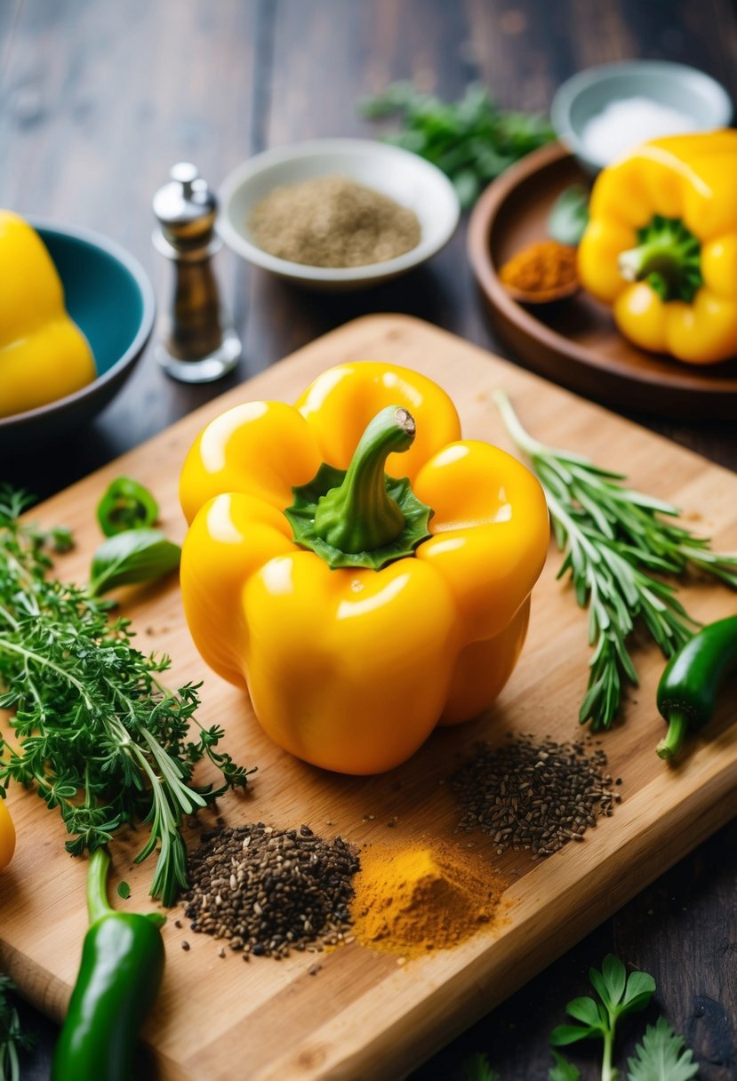 A vibrant yellow pepper surrounded by fresh herbs and spices on a wooden cutting board