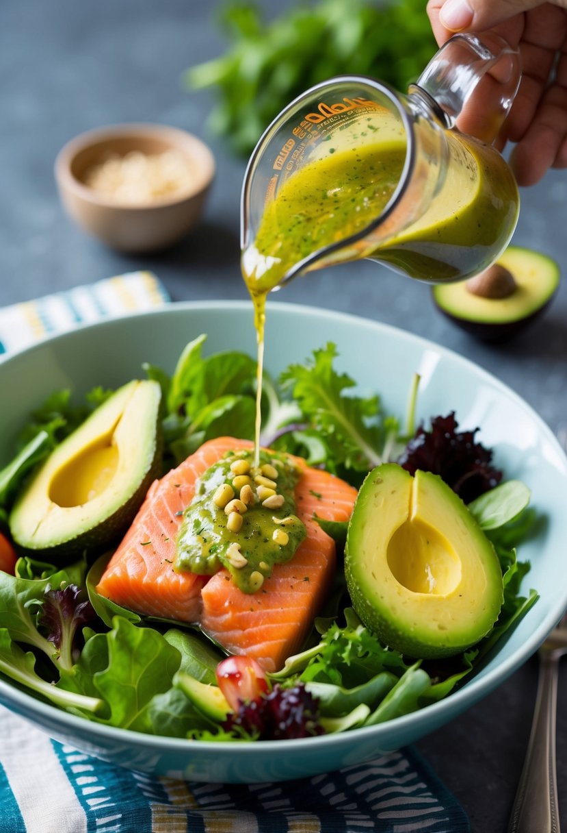 A colorful salad bowl with fresh salmon, ripe avocado, and mixed greens, drizzled with a tangy vinaigrette