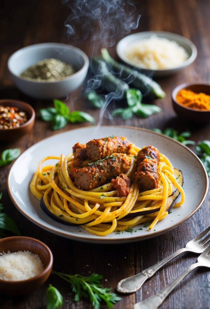 A steaming plate of spicy sausage and eggplant pasta, surrounded by fresh ingredients and Italian spices