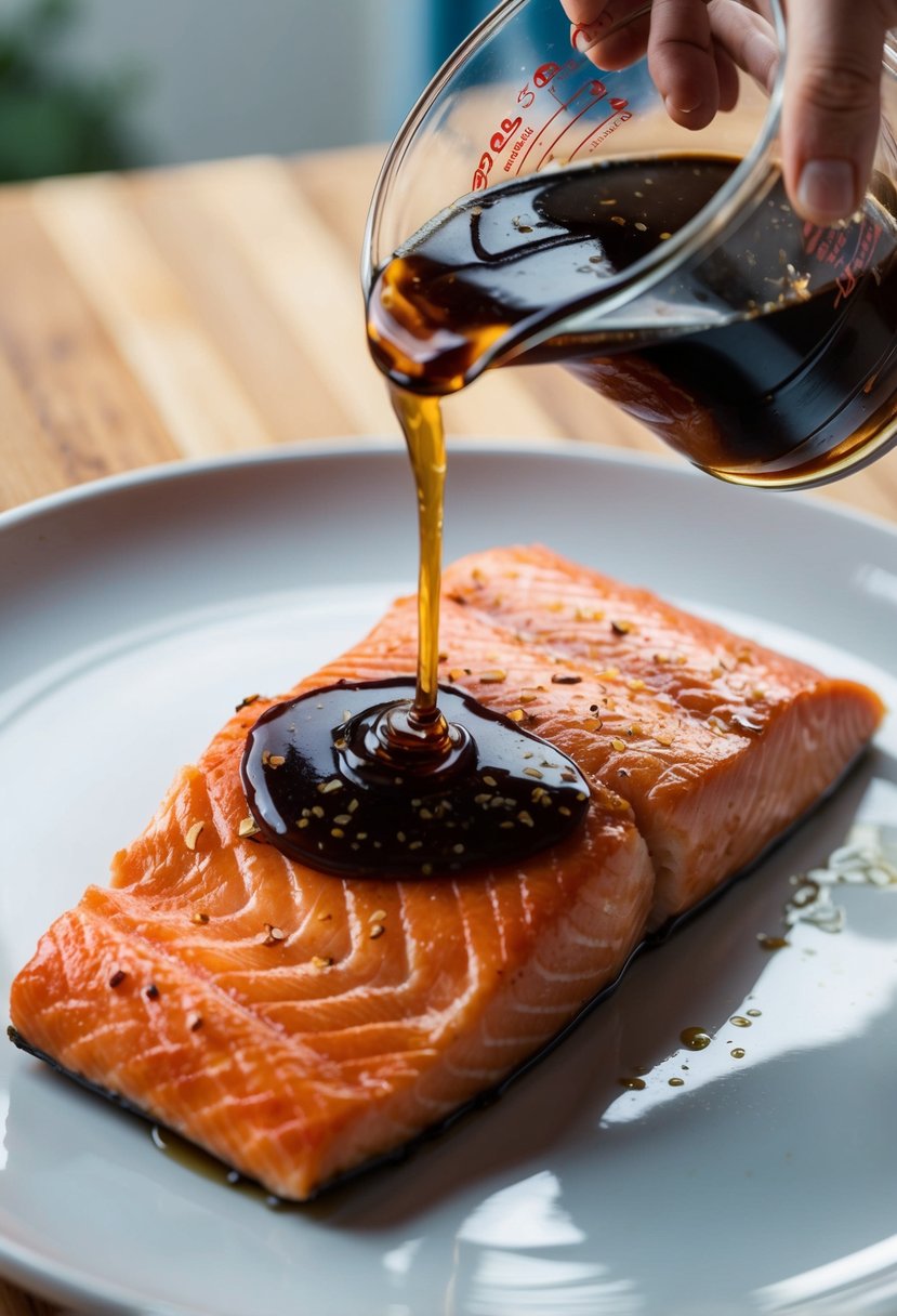 A fillet of salmon being marinated in a mixture of maple syrup and soy sauce, ready to be grilled