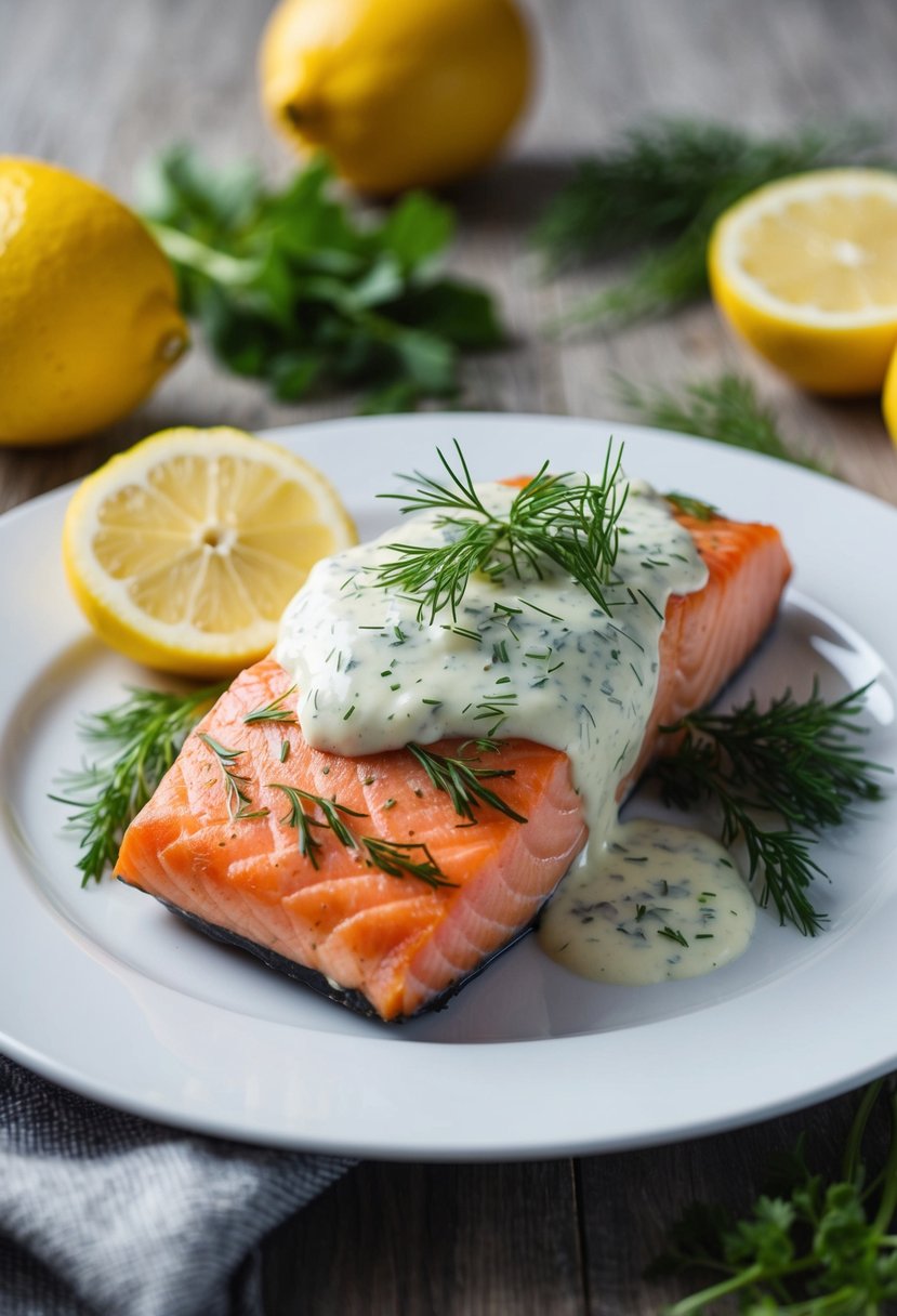 A piece of salmon topped with creamy dill sauce on a white plate, surrounded by fresh herbs and lemon slices