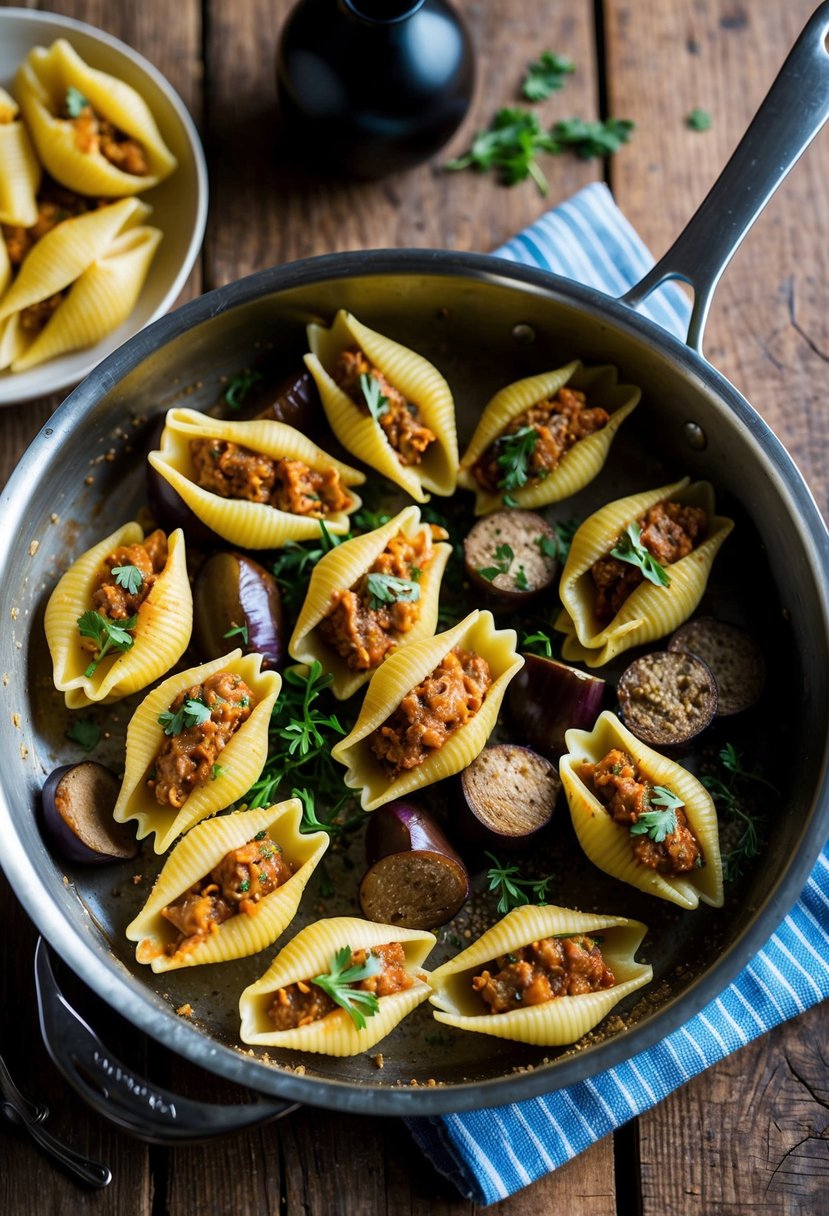 A pan of stuffed pasta shells surrounded by eggplant and sausage on a rustic wooden table