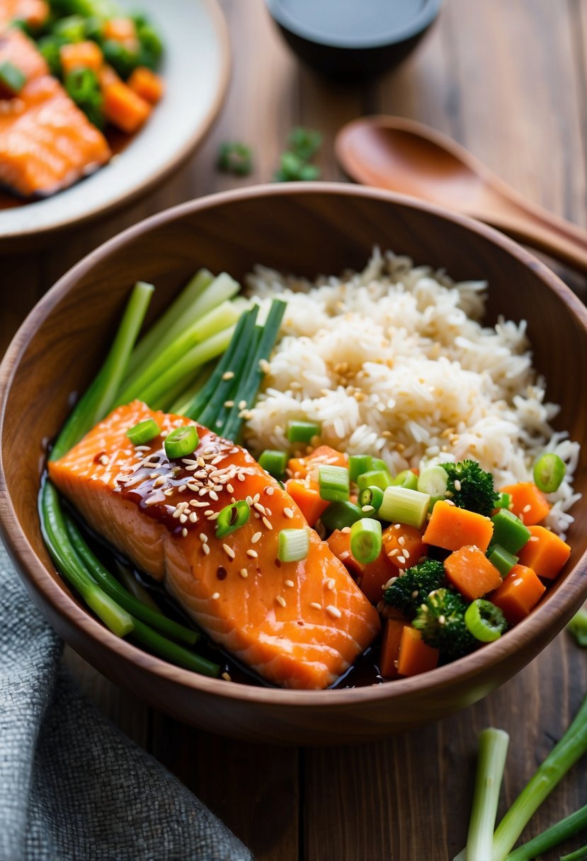 A wooden bowl filled with teriyaki-glazed salmon, steamed rice, and assorted vegetables, garnished with sesame seeds and green onions