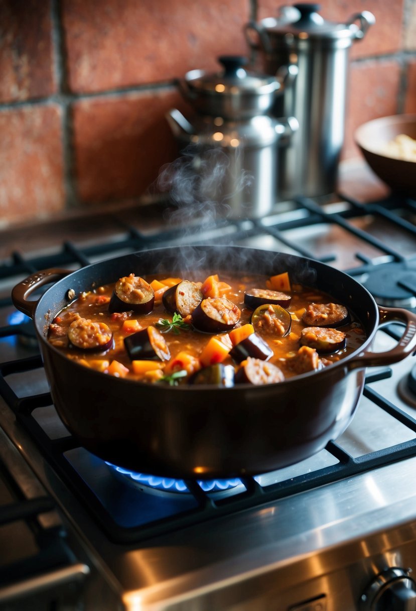 A bubbling pot of Italian sausage and eggplant stew simmers on a rustic stovetop, filling the kitchen with rich, savory aromas