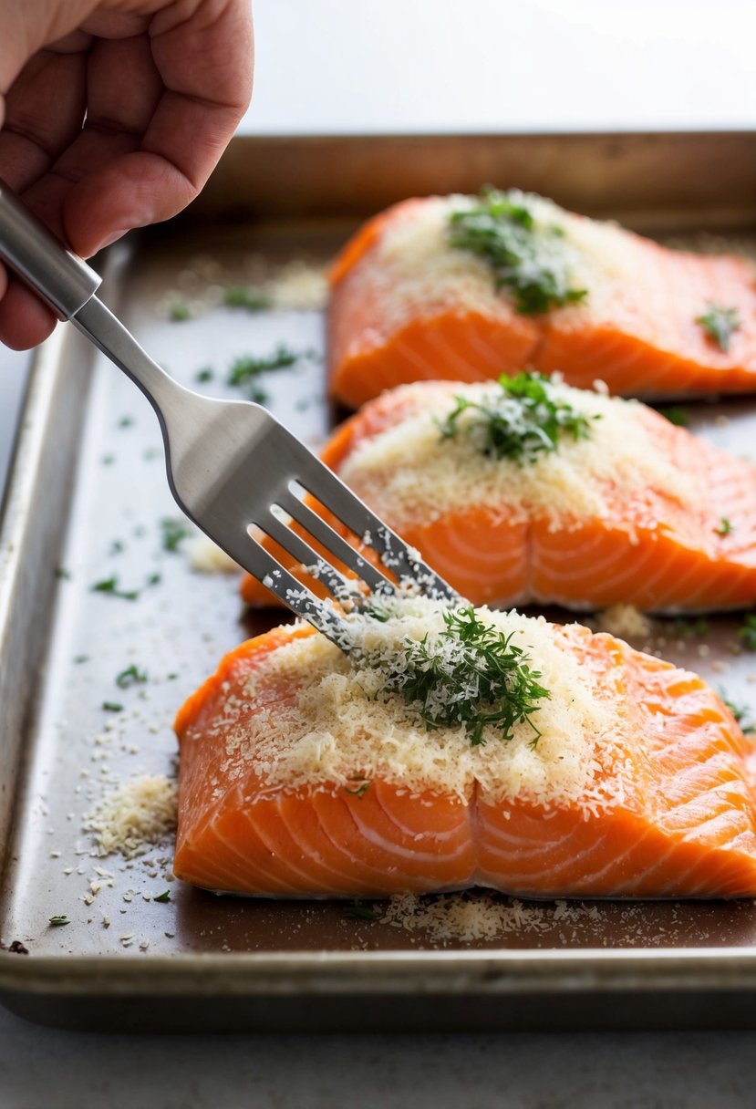 A piece of salmon is being coated with a layer of grated parmesan and herbs before being placed onto a baking sheet