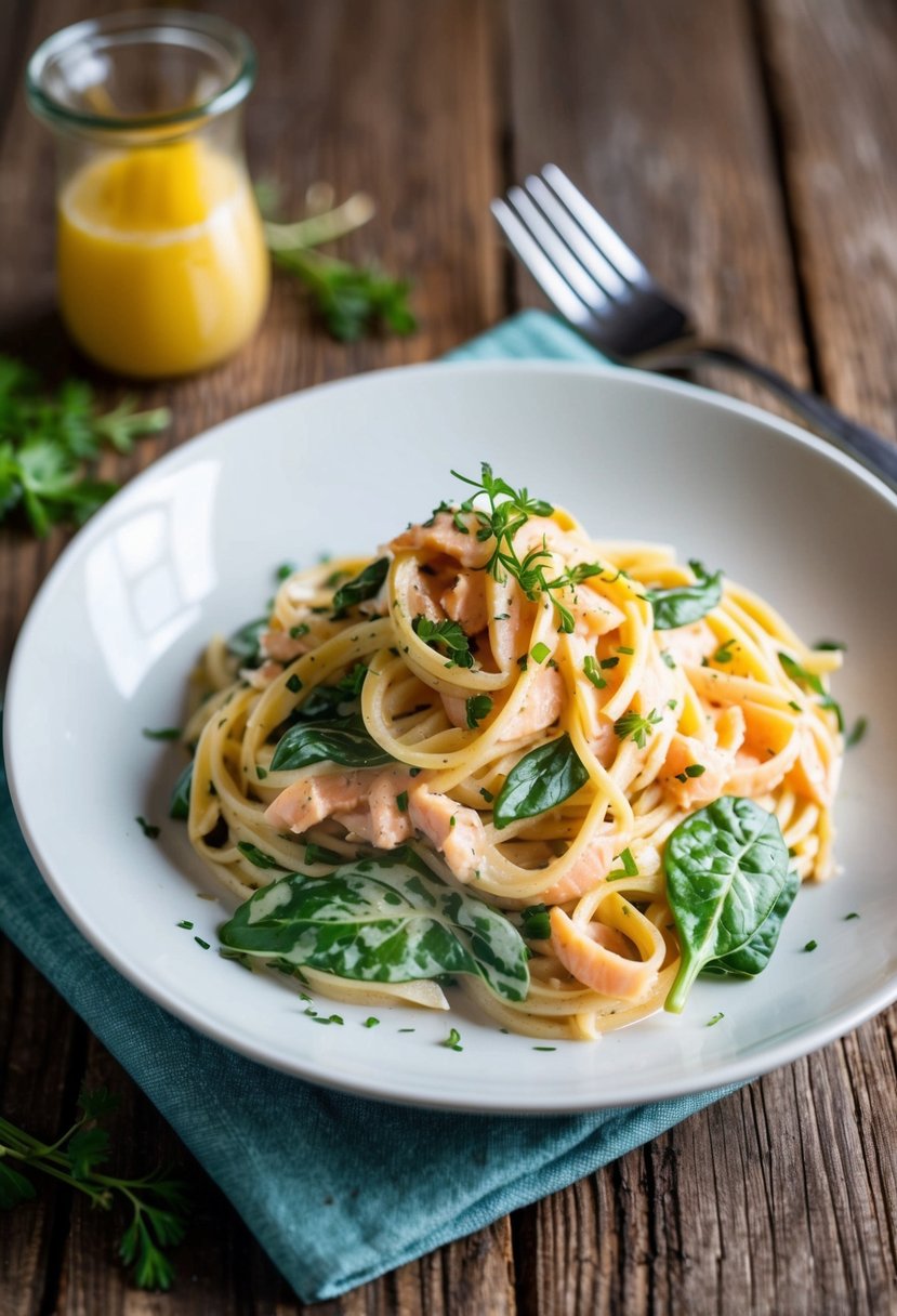 A plate of creamy salmon pasta with spinach, garnished with fresh herbs and served on a rustic wooden table