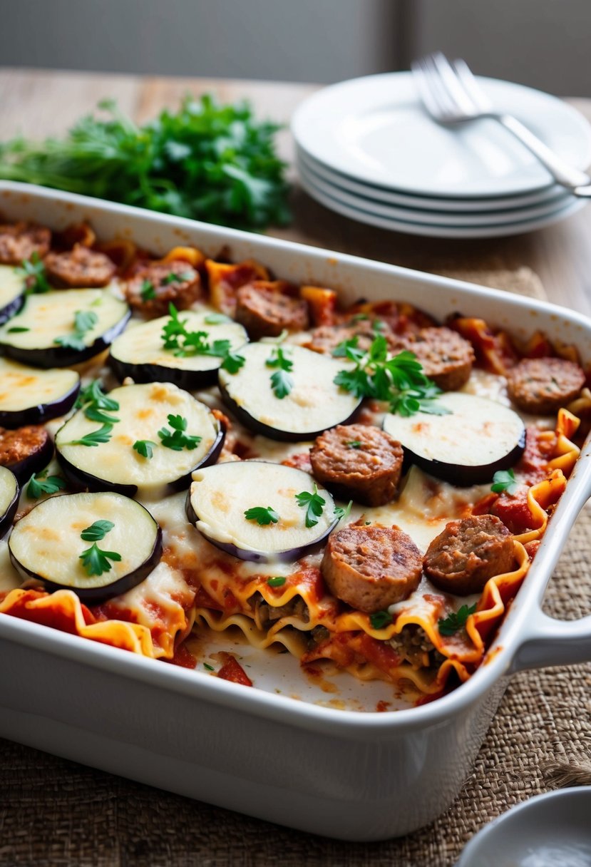 Slices of eggplant and Italian sausage layered between lasagna noodles in a baking dish, topped with melted cheese and fresh herbs