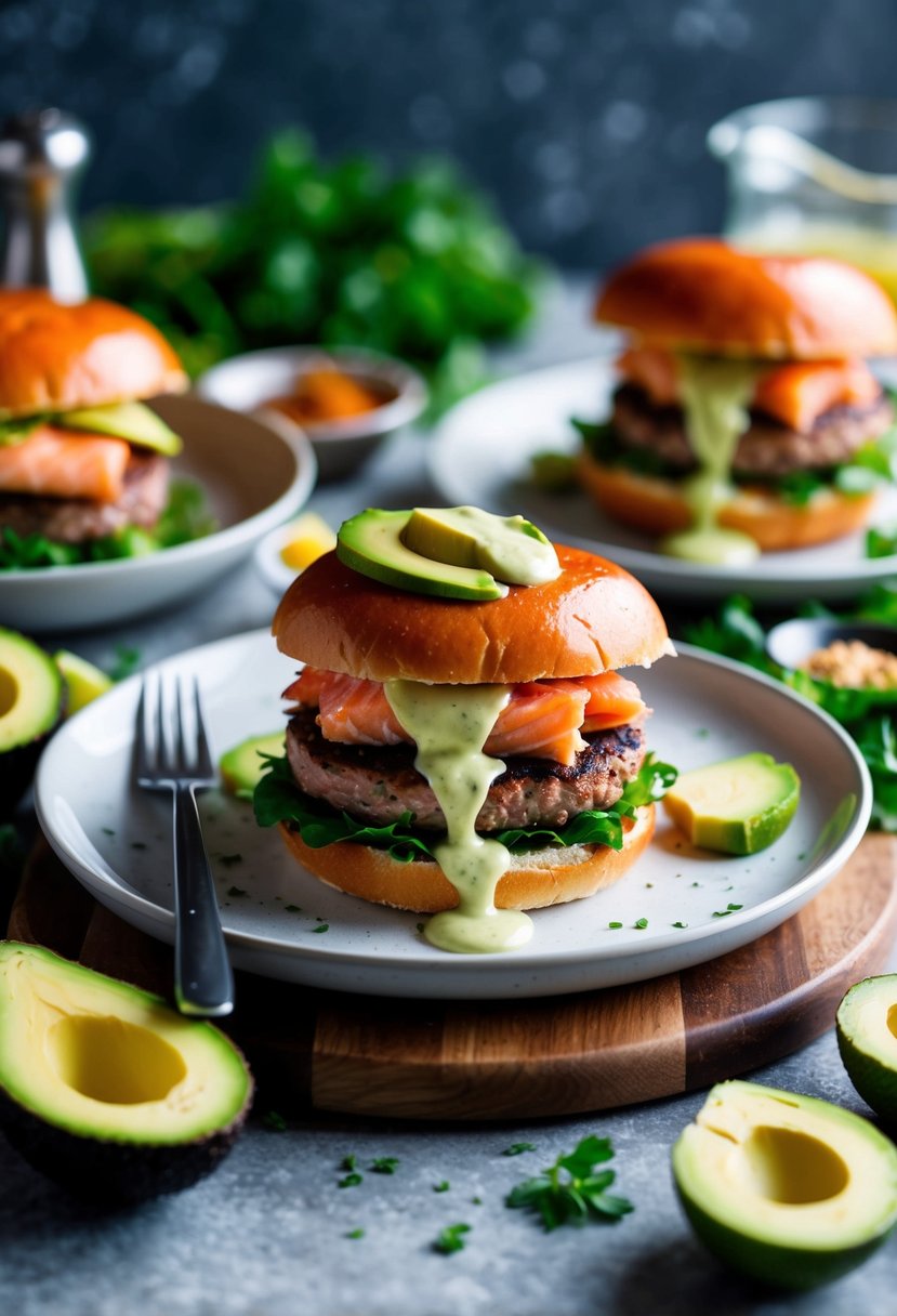 A platter of salmon burgers topped with creamy avocado sauce, surrounded by fresh ingredients and cooking utensils