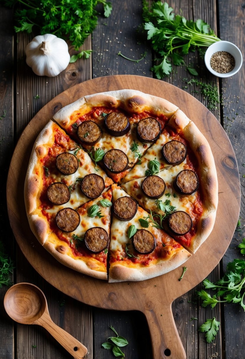 A rustic wooden table topped with a freshly baked sausage and eggplant pizza, surrounded by scattered ingredients and herbs