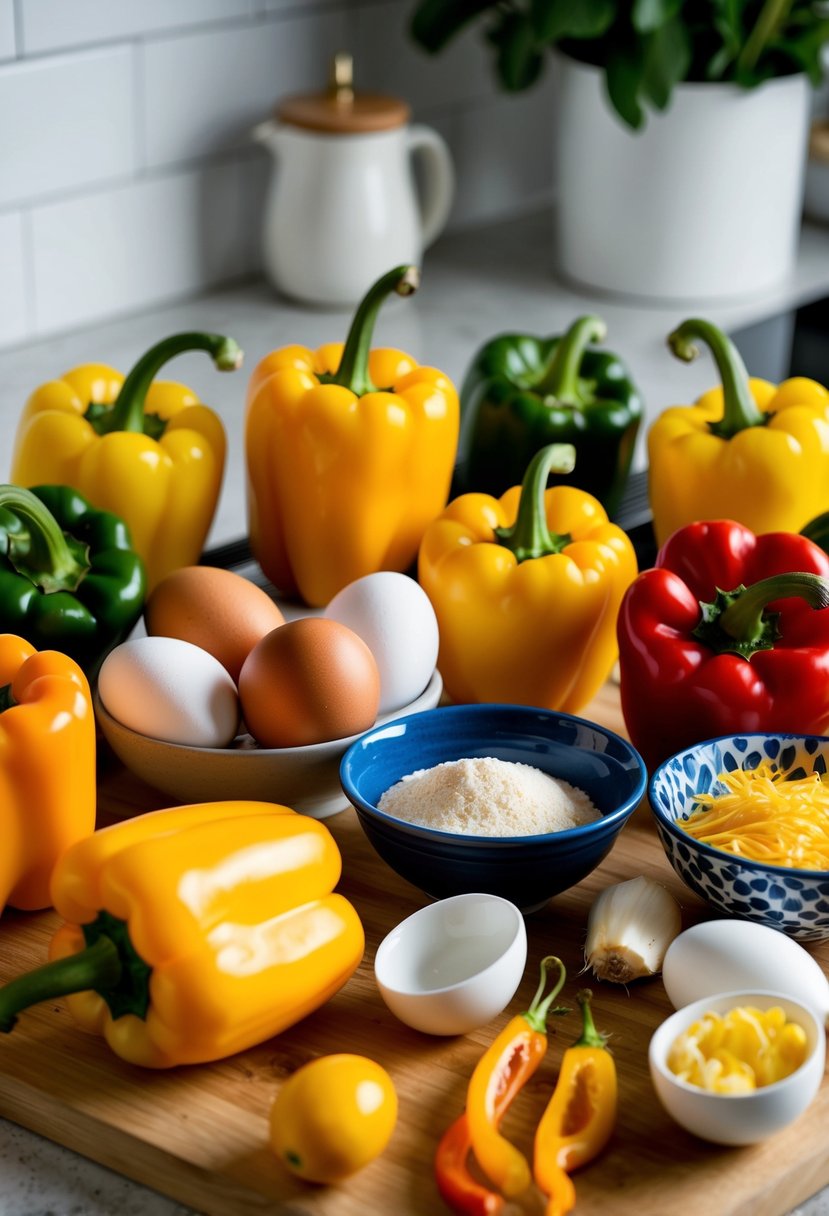 A colorful array of yellow peppers, eggs, and assorted ingredients arranged on a kitchen counter for making a yellow pepper frittata