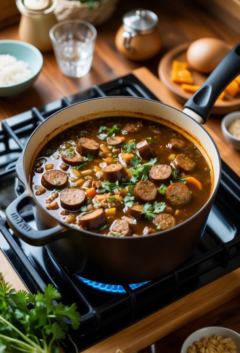 A bubbling pot of rustic eggplant and sausage soup simmers on a wooden stove, surrounded by fresh ingredients and a warm, inviting kitchen atmosphere