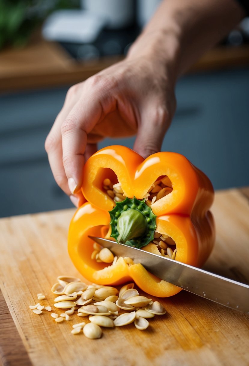 A yellow pepper being sliced open, with seeds and flesh spilling out onto a cutting board