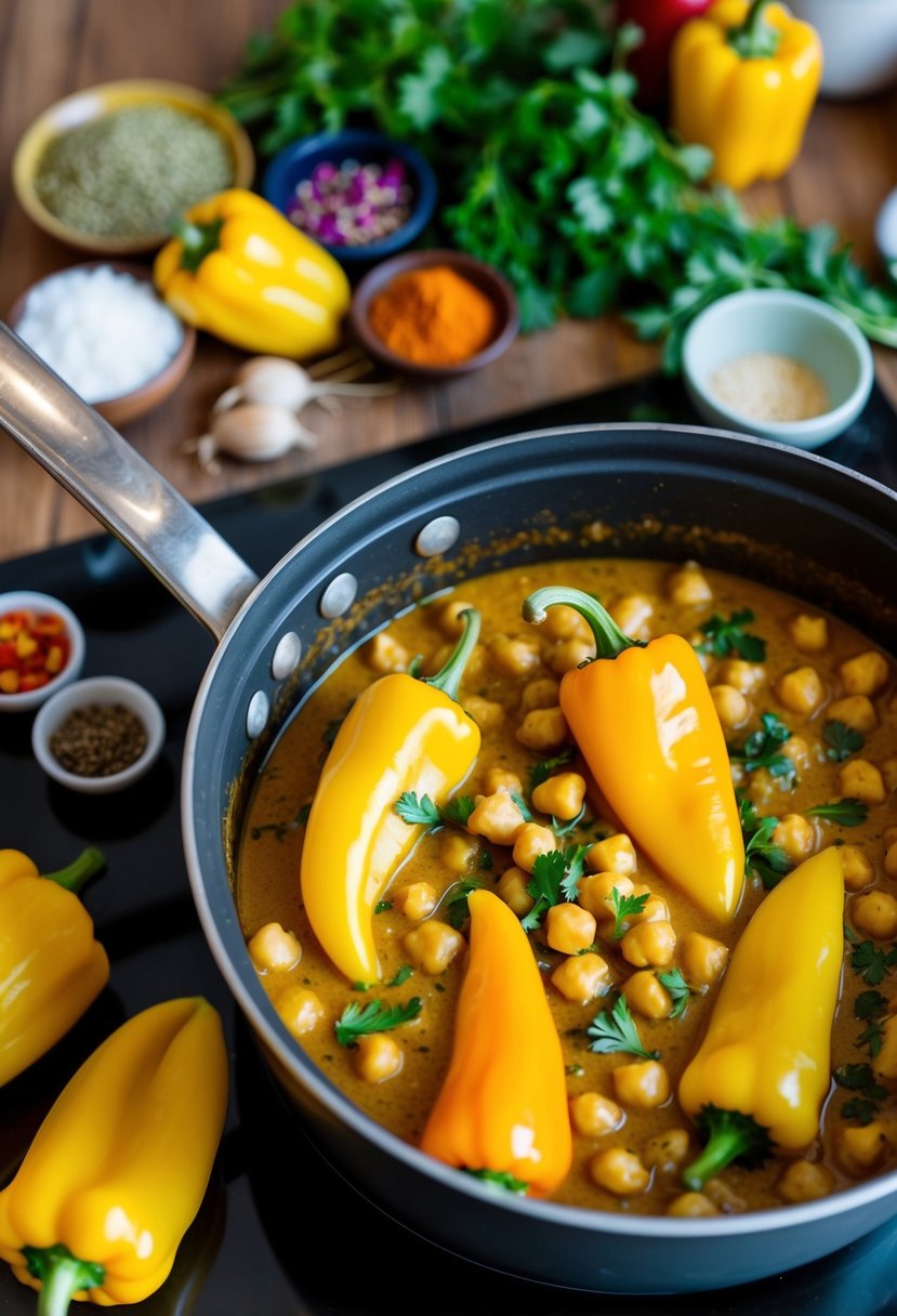 A vibrant yellow pepper and chickpea curry simmering in a bubbling pot on a stovetop, surrounded by an array of colorful spices and fresh herbs