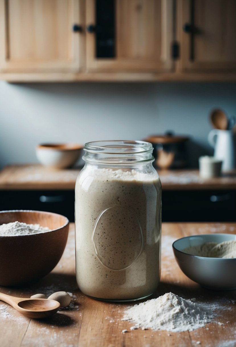 A rustic kitchen counter with a glass jar of bubbling sourdough starter, surrounded by flour, a mixing bowl, and a wooden spoon