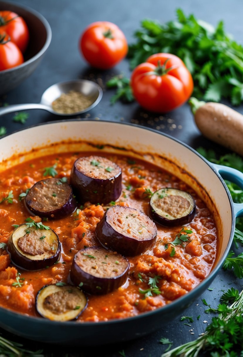 Italian sausage and sliced eggplant sizzling in a bubbling tomato sauce, surrounded by fresh herbs and spices