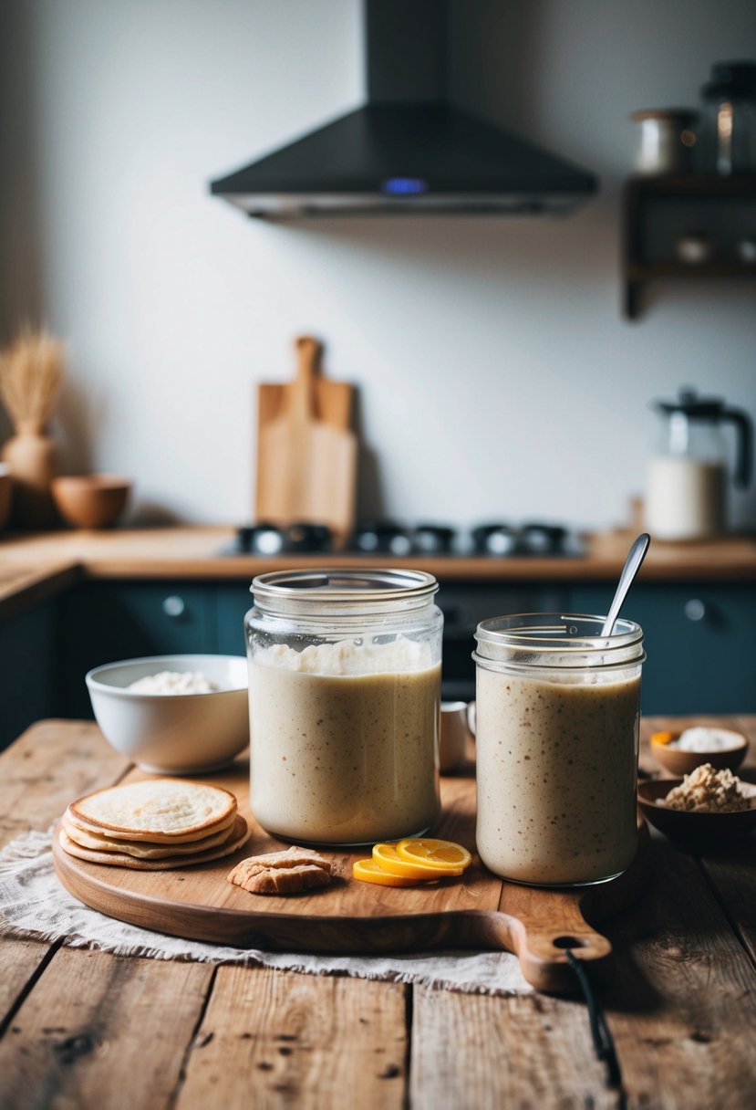 A rustic kitchen with a wooden table covered in sourdough pancake ingredients and a bubbling sourdough starter in a jar