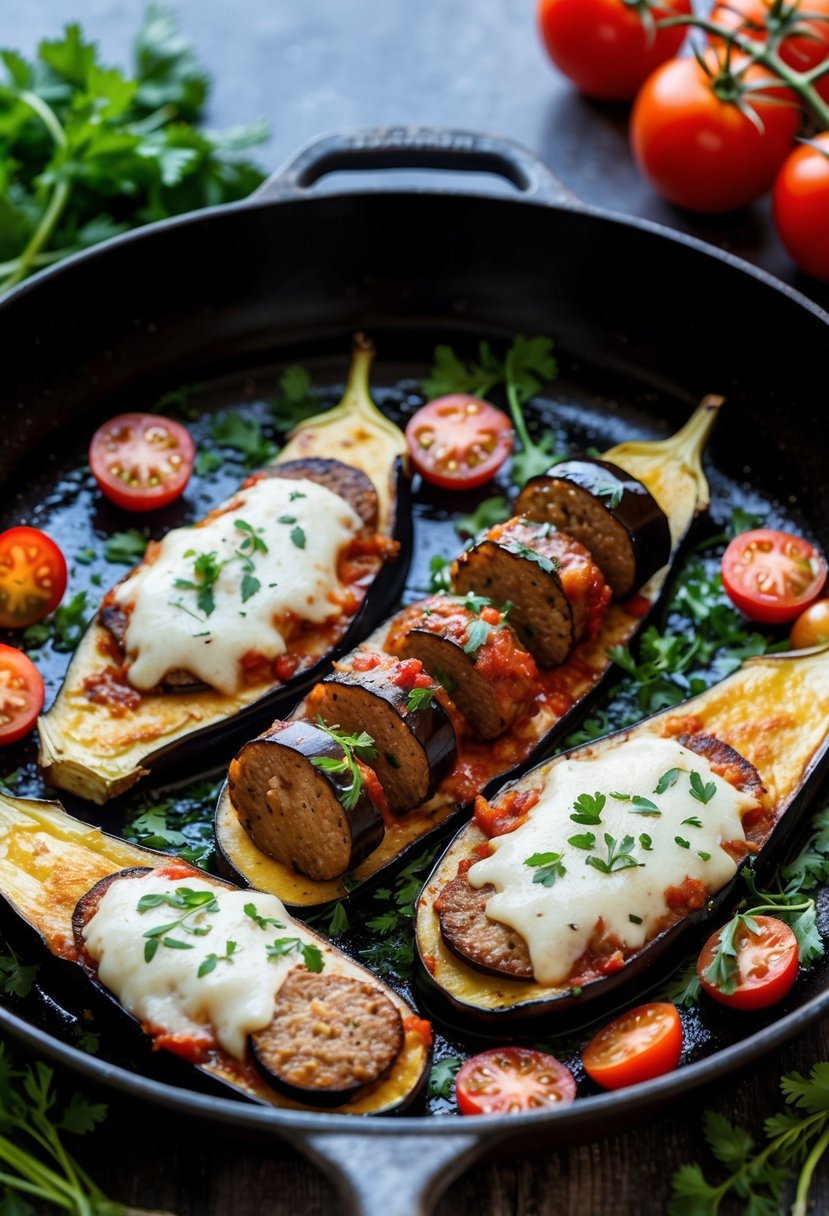 A sizzling skillet holds golden-brown eggplant slices topped with melted cheese and savory Italian sausage, surrounded by fresh herbs and tomatoes