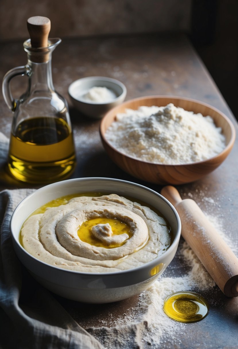 A rustic kitchen counter with a bowl of bubbling sourdough starter, surrounded by flour, olive oil, and a rolling pin