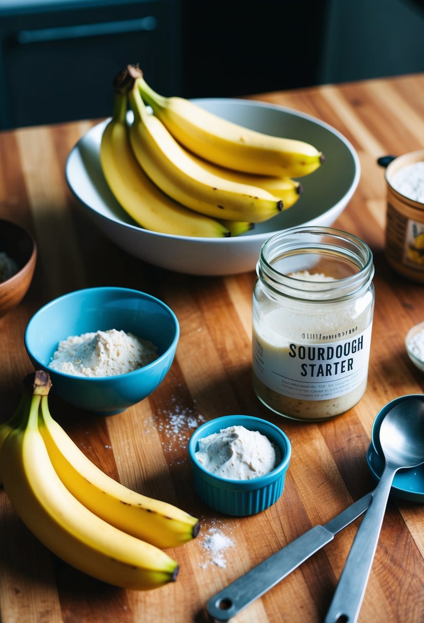 A wooden kitchen counter with a bowl of ripe bananas, a jar of sourdough starter, and various baking ingredients scattered around