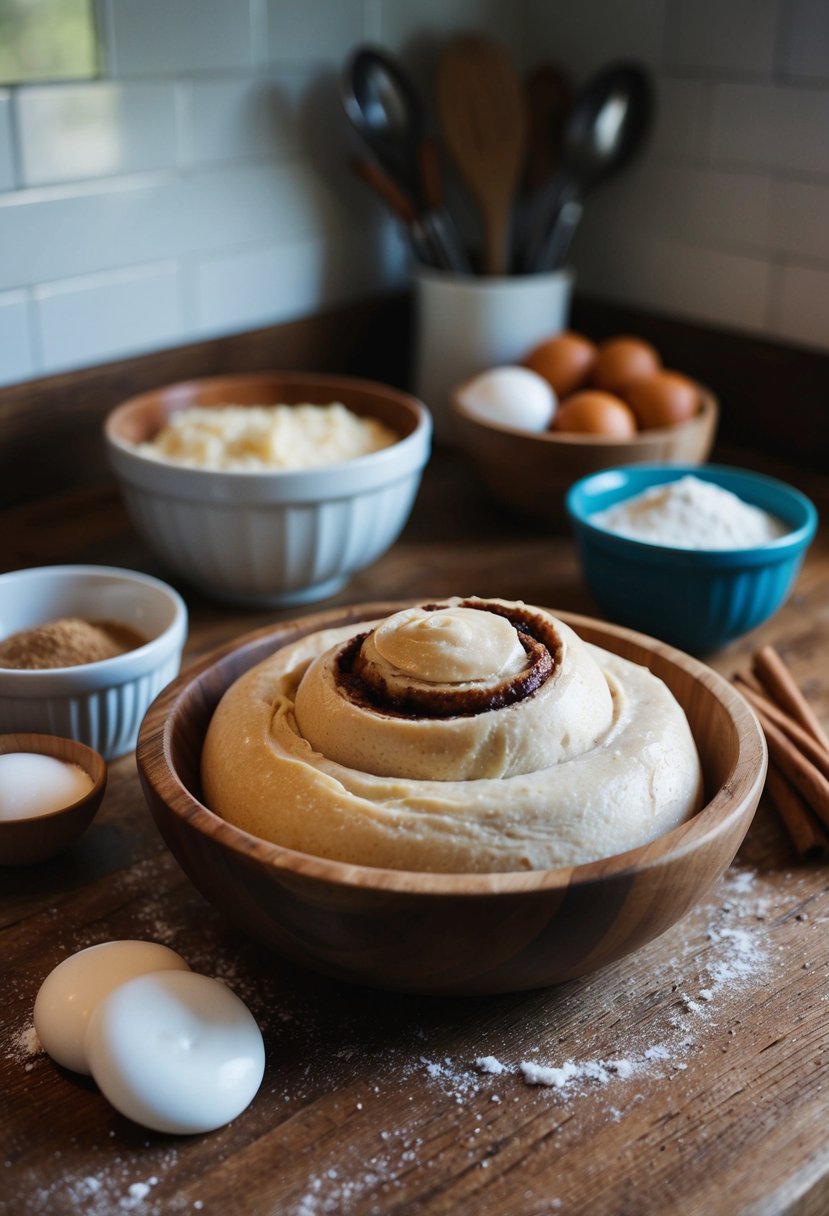 A rustic kitchen counter with a wooden bowl of bubbly sourdough starter, surrounded by ingredients for cinnamon rolls