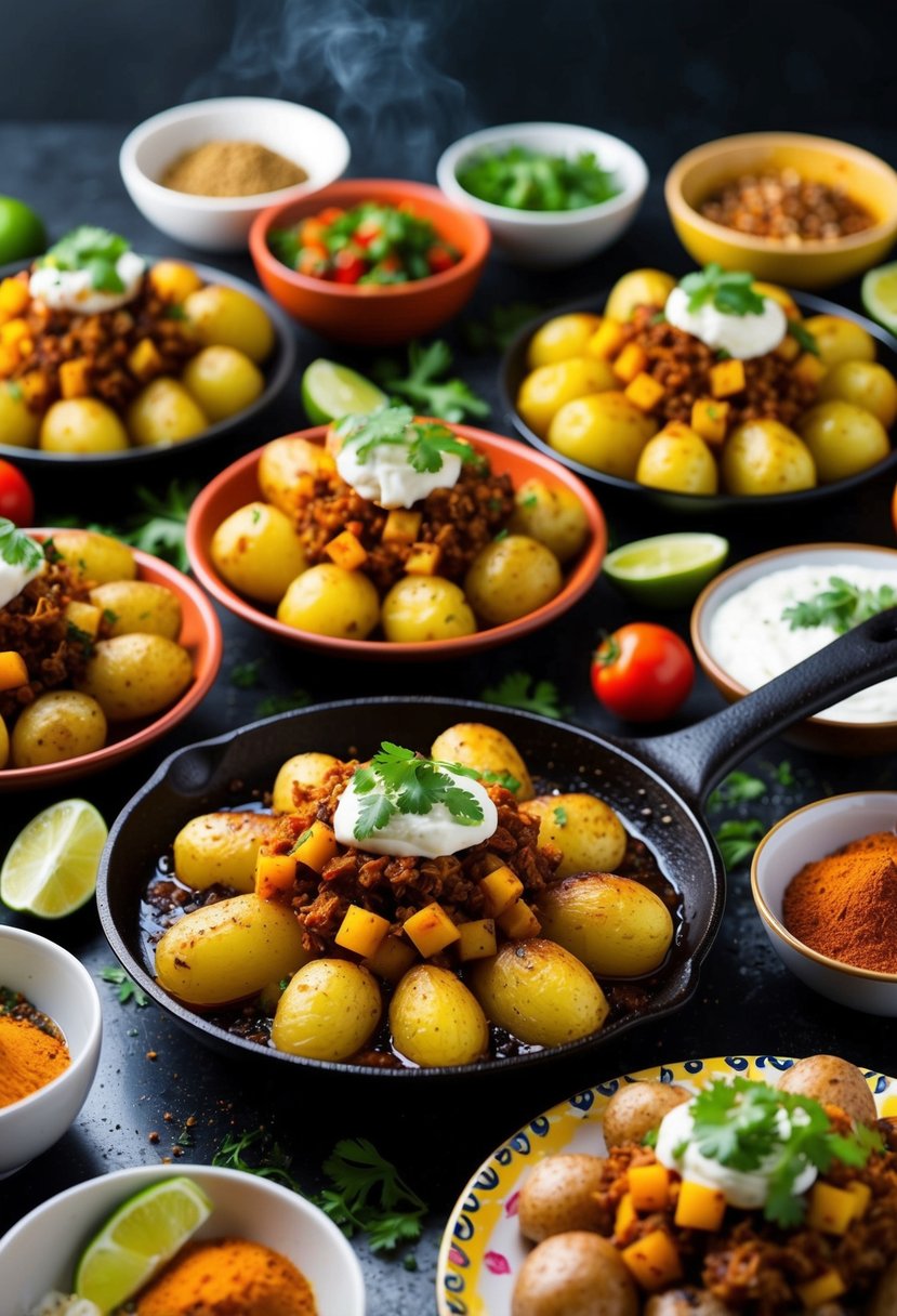 A colorful array of Mexican potato dishes, surrounded by traditional ingredients and spices, sizzling on a hot skillet