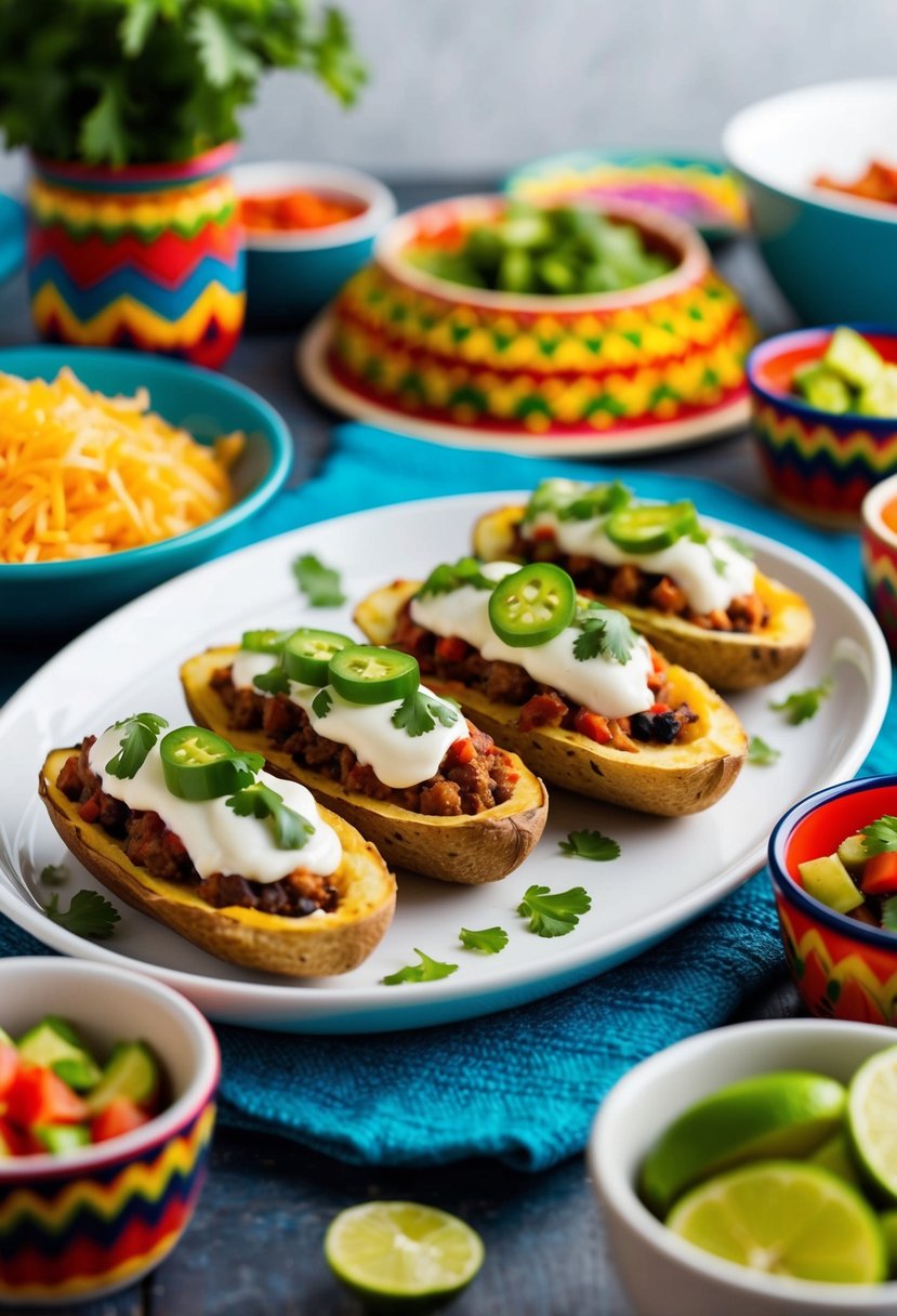 A table set with loaded Taco Tuesday Potato Skins, surrounded by colorful Mexican decor and ingredients