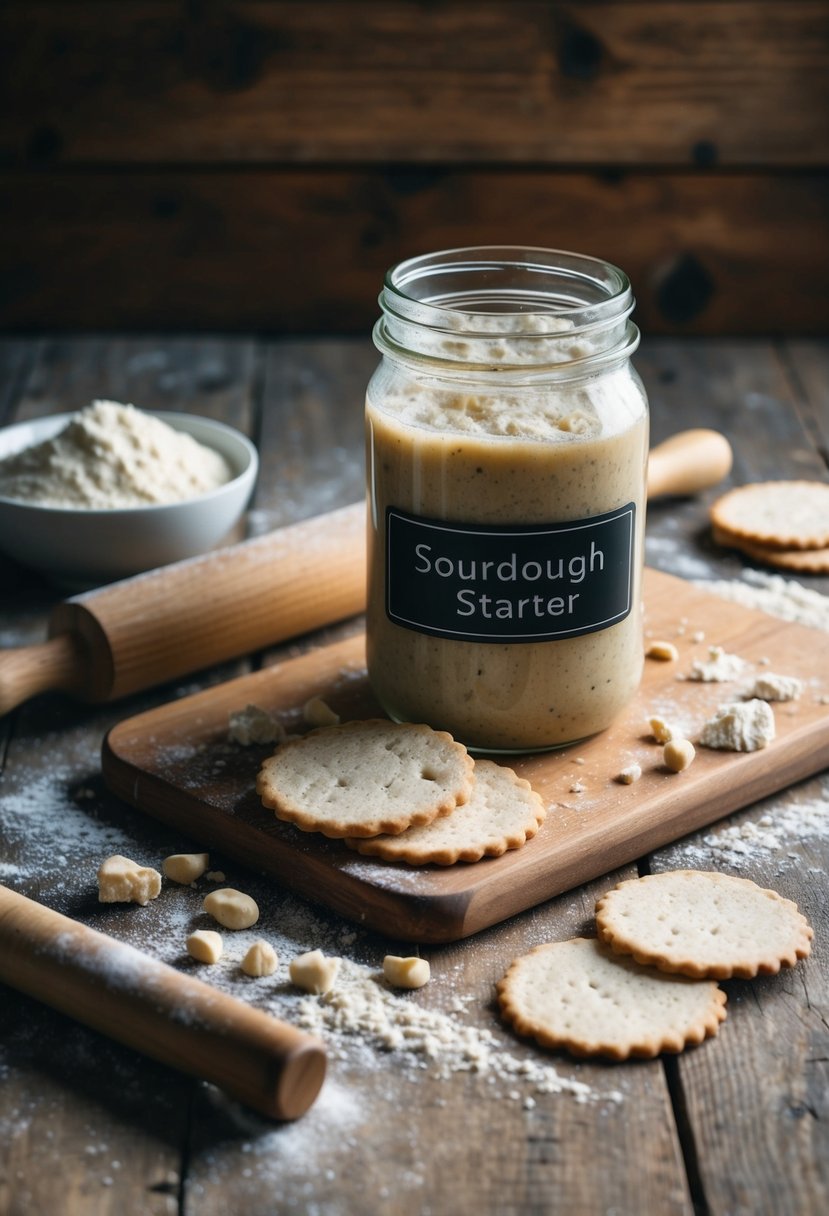 A rustic wooden table with a jar of bubbling sourdough starter, surrounded by scattered flour, a rolling pin, and freshly baked sourdough crackers